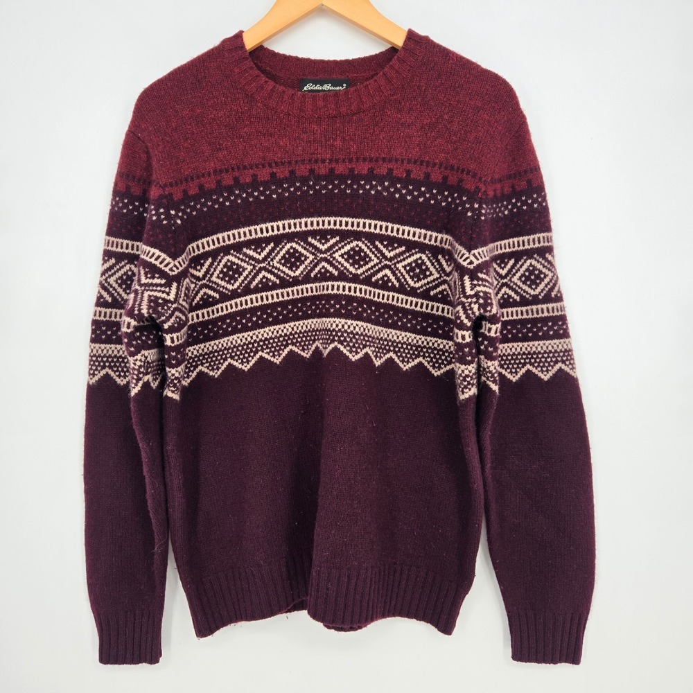 Vtg 90s 100% Lambswool Eddie Bauer Fair Isle Burgundy Sweater Fall Cozy Mens M